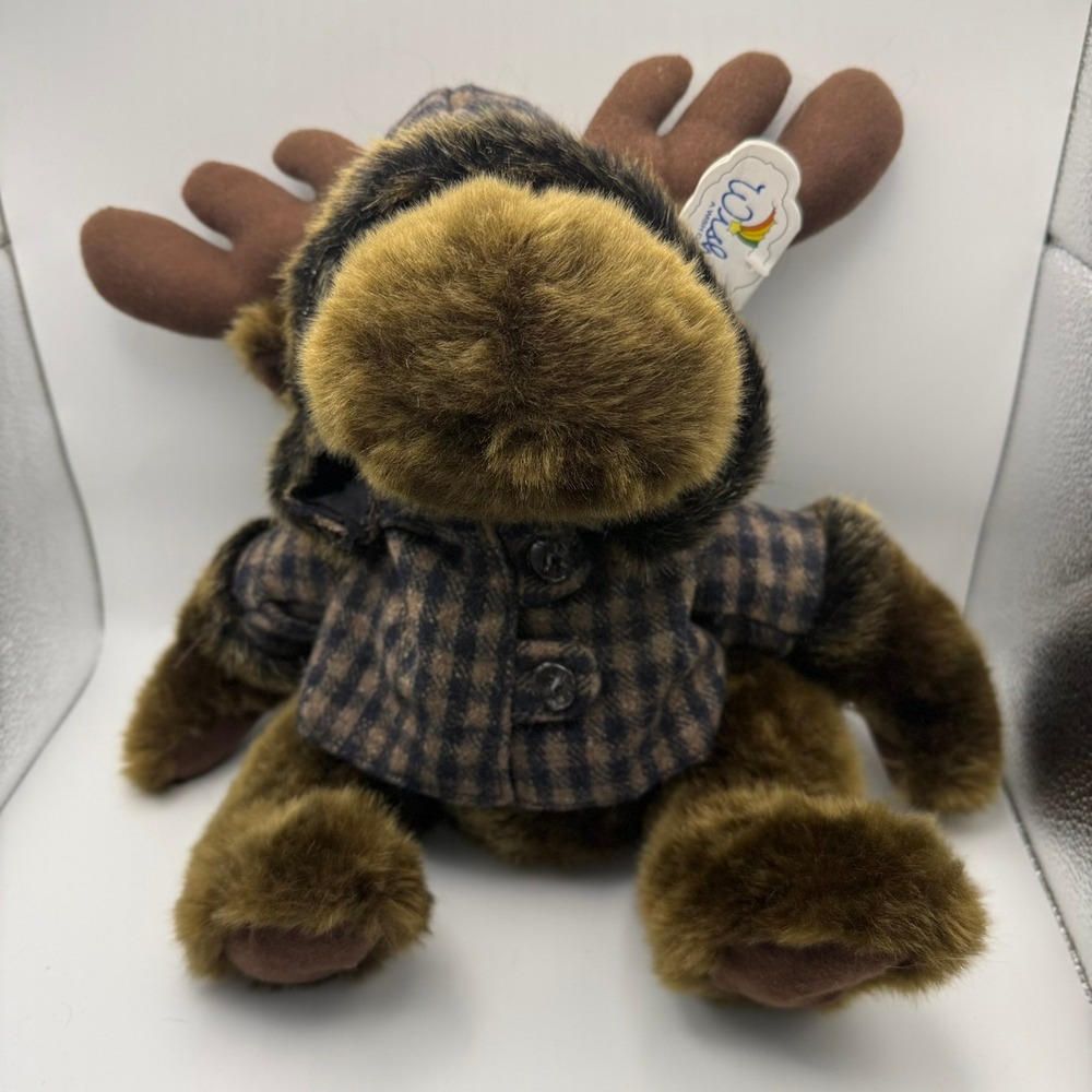 Wishpets Moose Plush 2002 Vintage Stuffed Animal Plaid Hooded Jacket Brown 83004
